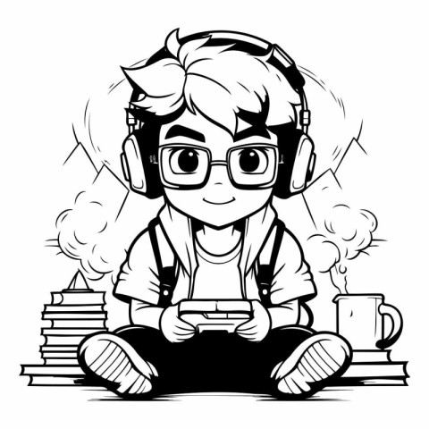 Boy gamer playing video games - Black and White Vector Illustrat