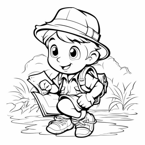 Black and White Cartoon Illustration of a Kid Boy Scout or Explo