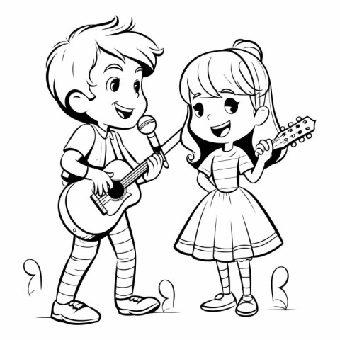 Boy and girl playing guitar - Black and White Cartoon Illustrati