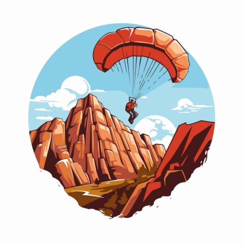 Paraglider flying over the mountains. Vector illustration in ret