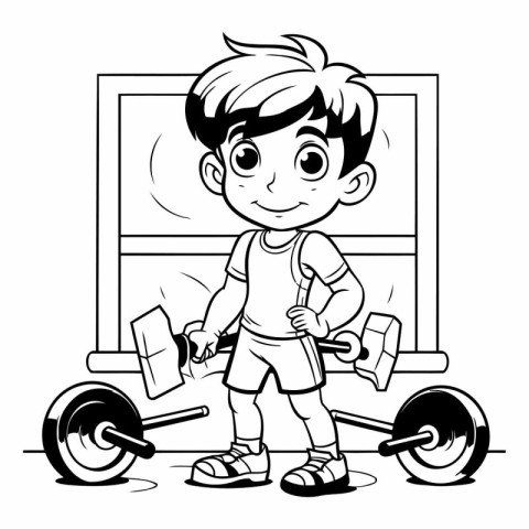 Boy Doing Gym Exercise - Black and White Cartoon Illustration. V