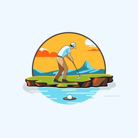 Golfer playing golf on the island. Flat style vector illustratio