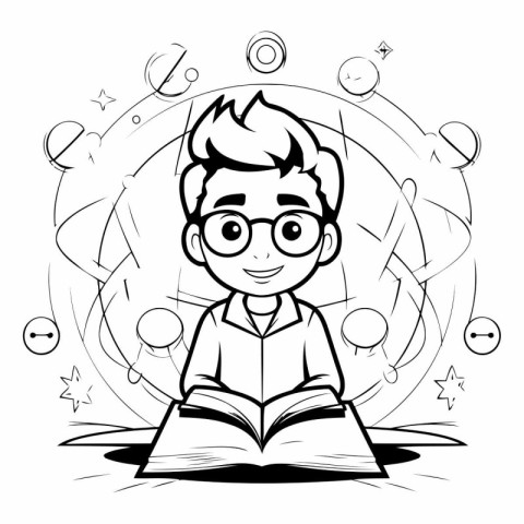 Boy reading a book. Vector illustration of a boy with glasses.