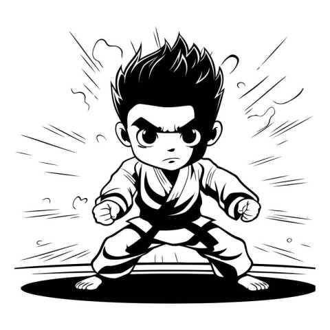 Kung fu master in action. black and white vector illustration.