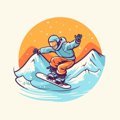 Snowboarder jumping in the mountains. Vector illustration in ret