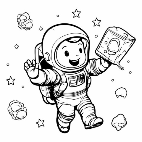 Astronaut with a box of popcorn. Coloring book for children.