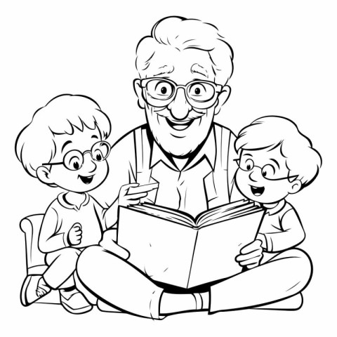 Grandfather reading a book with his grandchildren. black and whi