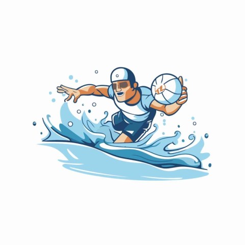 Water polo player on wave. Vector illustration in cartoon style.