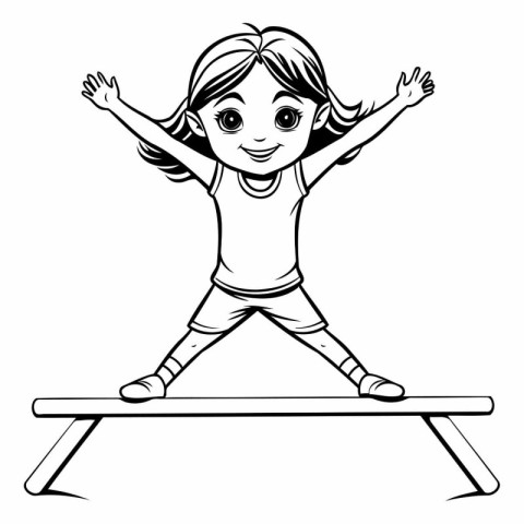 Little girl jumping on the trampoline. Black and white vector il