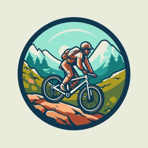 Mountain biker riding a bike round icon. Vector illustration.