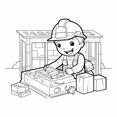 Cartoon construction worker with brick. Vector illustration for