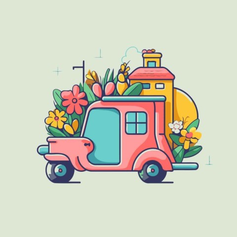 Vector illustration of a retro scooter with a house and flowers.