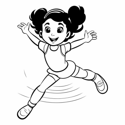 Black and White Cartoon Illustration of Cute Little Girl Jumping