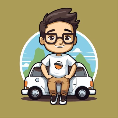 Cute boy sitting on the car. Vector illustration in cartoon styl