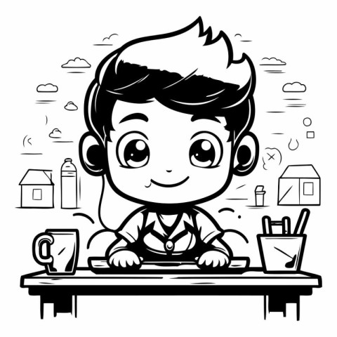 Black and White Cartoon Illustration of Kid Boy Sitting at the T