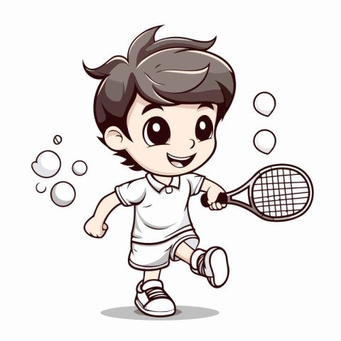 Little boy playing tennis with a racket and ball. Vector illustr