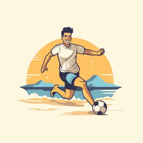 Soccer player in action on the beach. Vector illustration in ret