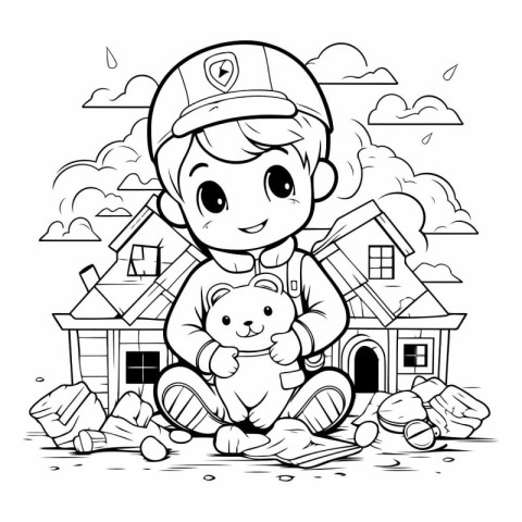 Black and White Cartoon Illustration of Cute Little Boy Playing