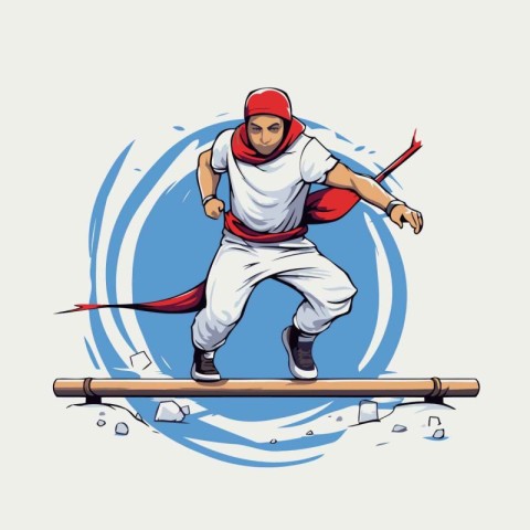 Superhero sportsman running with a sword in his hand. Vector ill