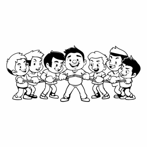 Illustration of a group of kids playing tug of war on white back