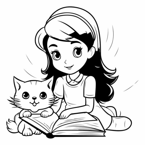 Girl reading a book with a cat - black and white vector illustra