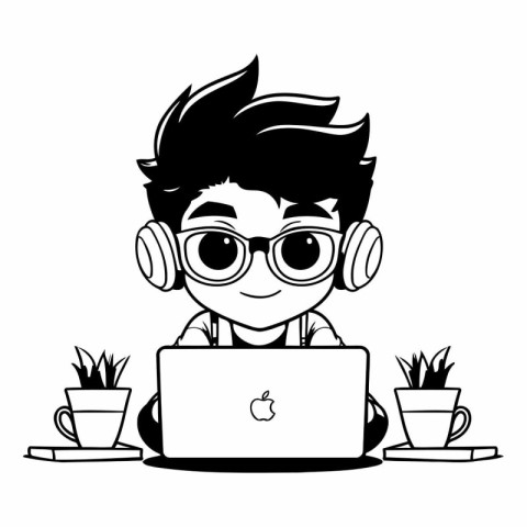 Cute boy with laptop and coffee cup cartoon vector illustration