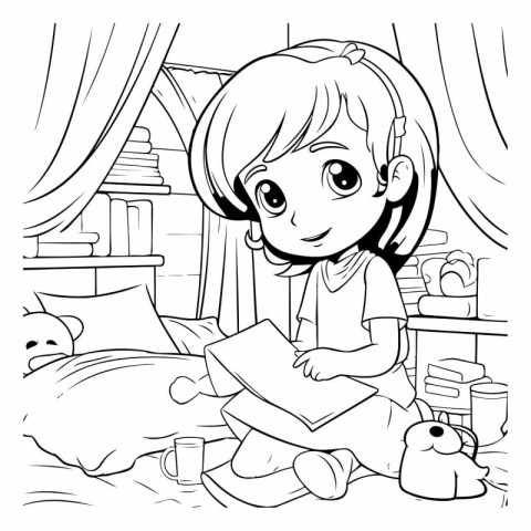 Cute little girl reading a book at home. Black and white vector