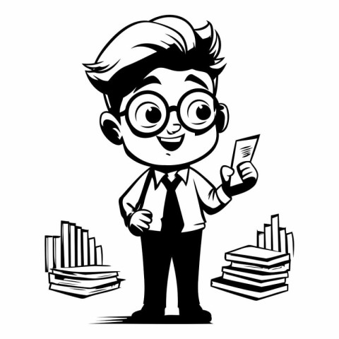 Funny nerd boy with books and glasses. Vector cartoon illustrati