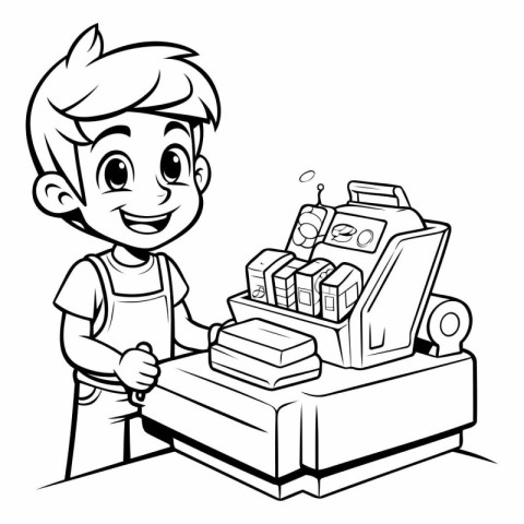 Black and White Cartoon Illustration of a Kid Boy Holding a Cash