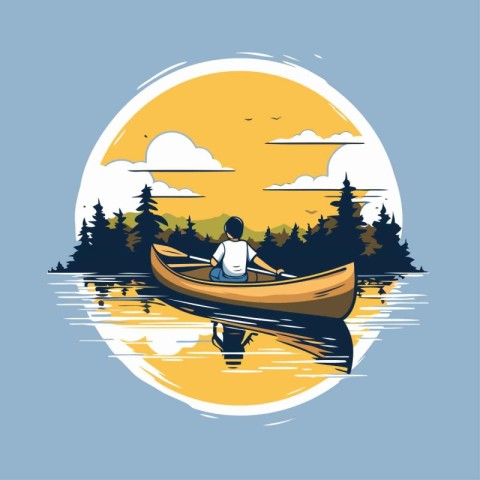 Man rowing a boat in the lake. Vector illustration in retro styl