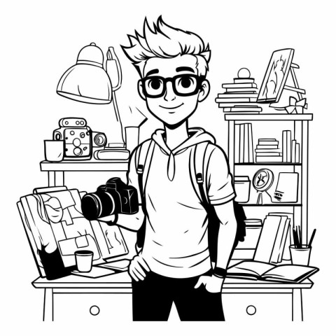 Teenager boy with camera and books cartoons in black and white v