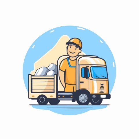 Courier with truck on white background. Flat vector illustration