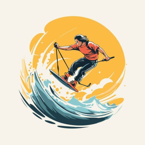 Skier riding on a surfboard. Vector illustration in retro style.