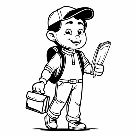 Cartoon schoolboy with a backpack and a book. Vector illustratio