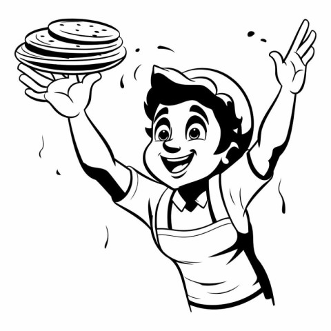 Cheerful cartoon chef holding a stack of pancakes. Vector illust