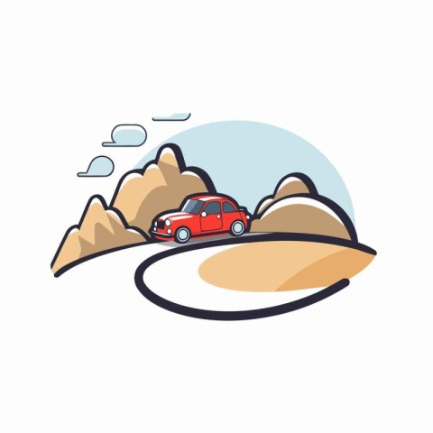 Car on the road in the mountains. Vector illustration in flat st