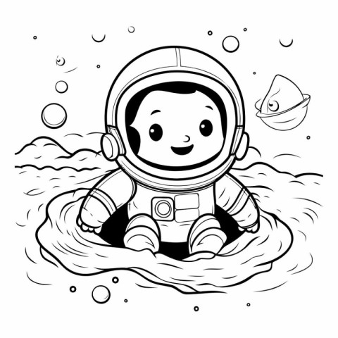 astronaut floating in the sea. black and white vector illustrati