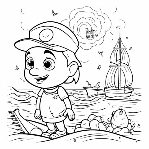 Coloring Page Outline Of cartoon pirate boy with a ship on the s