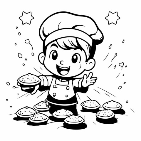 Chef with a plate of baked bread. Black and white vector illustr