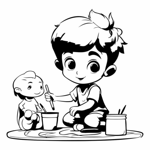 Vector illustration of a boy playing with his baby in the kitche