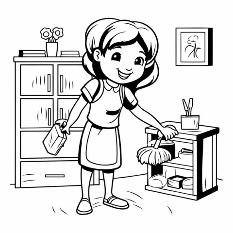 Housewife cleaning with mop and broom cartoon vector illustratio