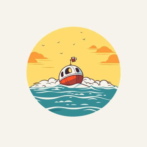 Boat on the water. Vector illustration in flat cartoon style.