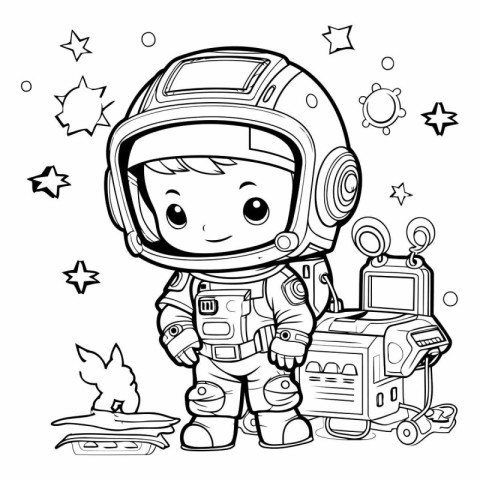 Coloring Page Outline Of a Kid Astronaut With Space Equipment