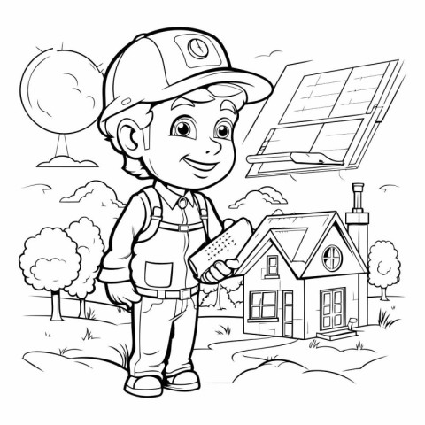 Black and White Cartoon Illustration of Kid Boy Builder with Sol