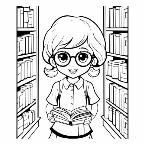 Girl reading a book in the library black and white vector illust