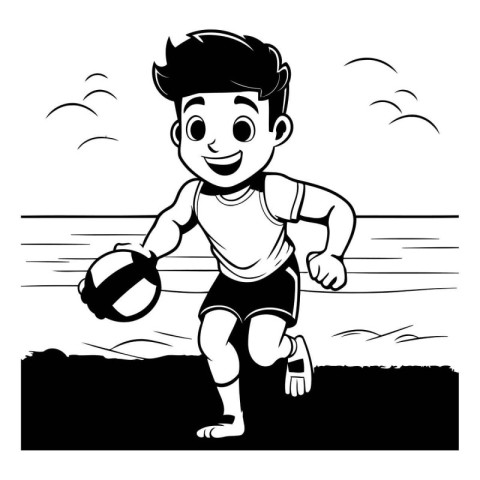 Boy playing volleyball on the beach. Black and white vector illu