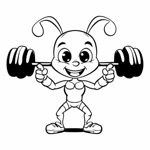 Black and White Cartoon Ant Character Exercising With A Barbell