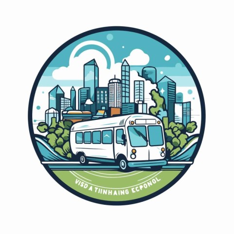 Public transport round icon. Vector illustration of bus and city