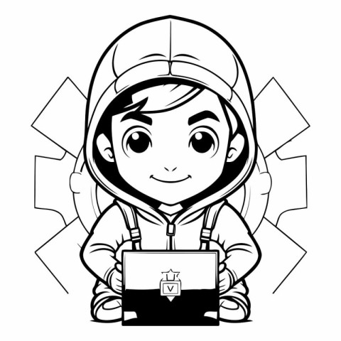 Cartoon astronaut boy with laptop computer. Vector illustration.