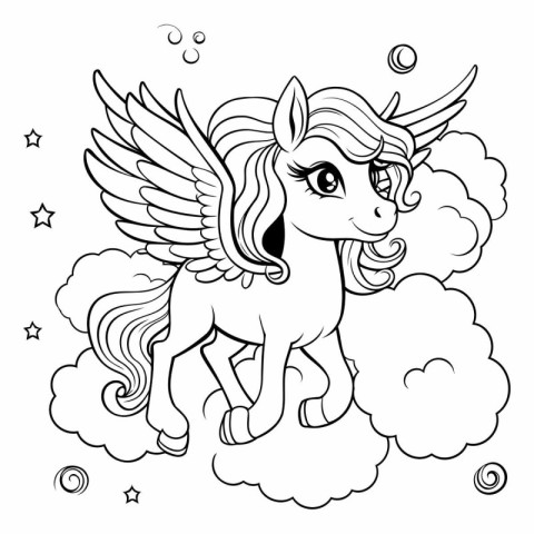 Unicorn flying on the clouds. Black and white illustration for c